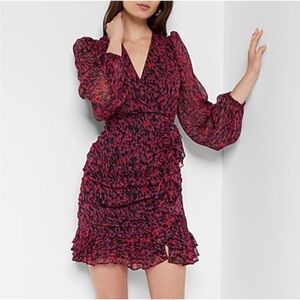 Express Abstract Print Wrap Ruffle Mini Dress